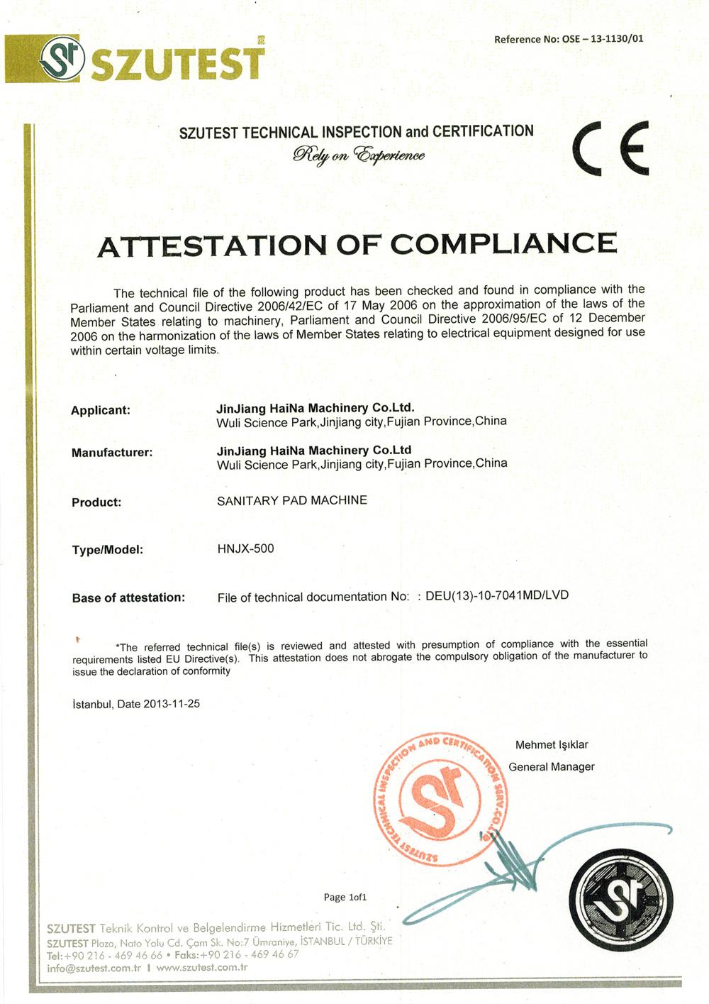 Haina Sanitary Pad Making Machine CE Certificate